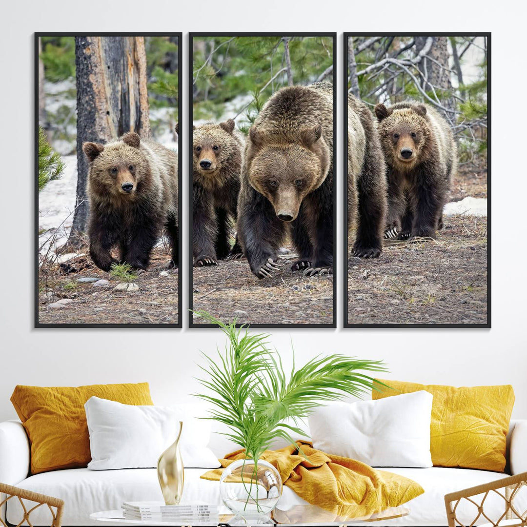 The wall art, a breathtaking canvas print titled "Queen of the Tetons," features 399 Grizzly Bear Cubs majestically captured in a forest setting. It is printed on premium canvas and handmade in the USA.