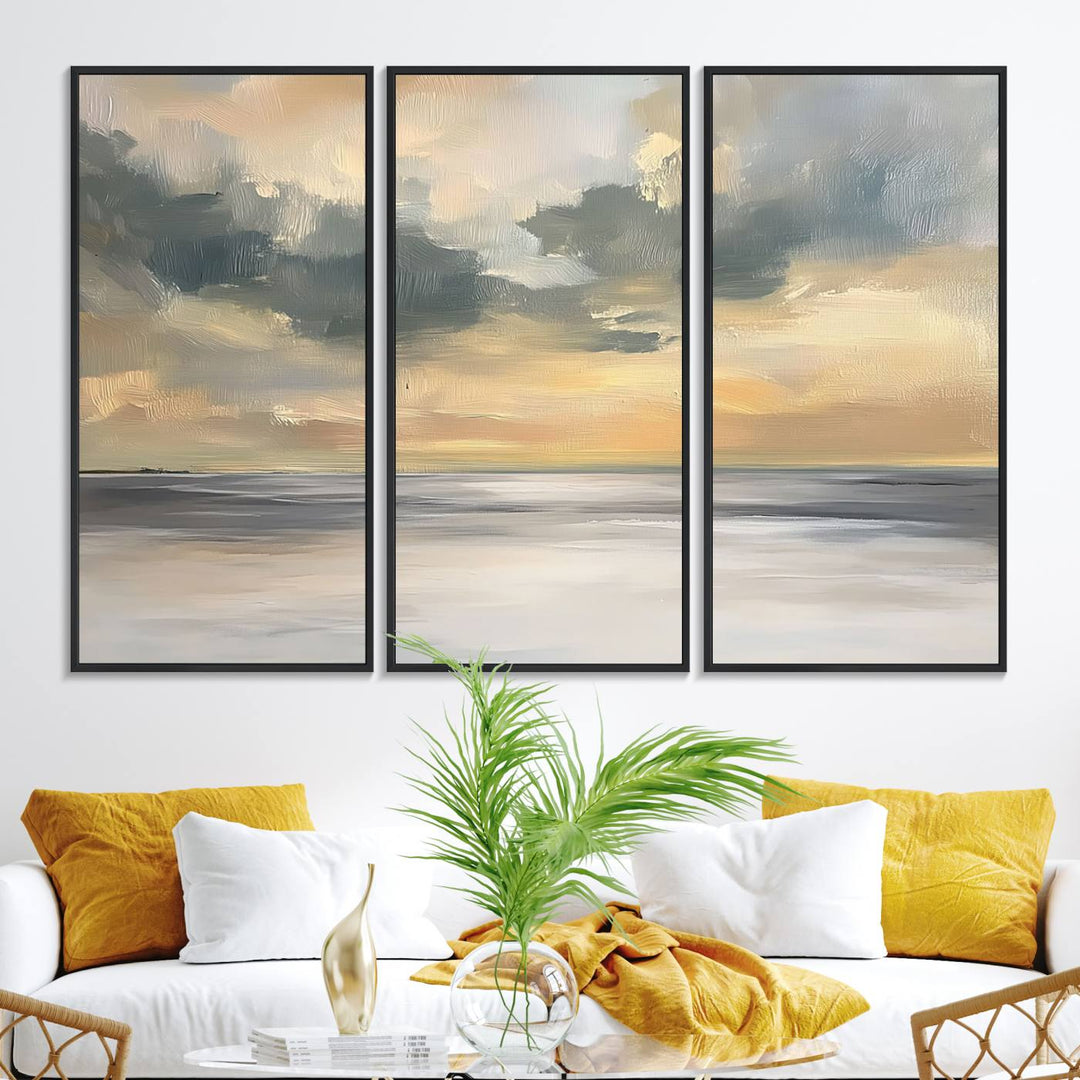 The Modern Coastal Wall Art Canvas Print features vibrant abstract ocean waves and clouds.