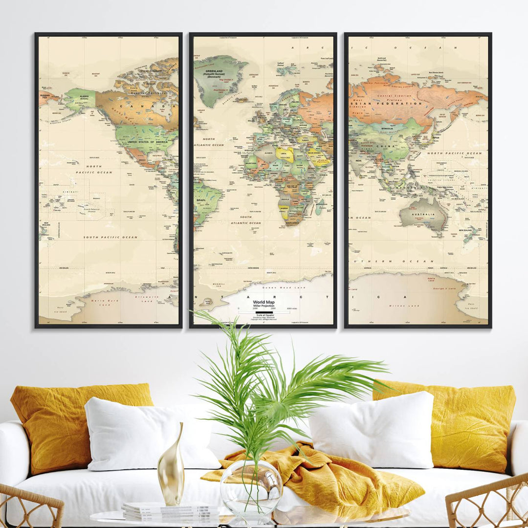 The Large Push Pin World Map Wall Art Canvas Print, with a gallery-quality finish, is carefully crafted on premium canvas and handmade in the USA. This piece adds a touch of elegance to any space.