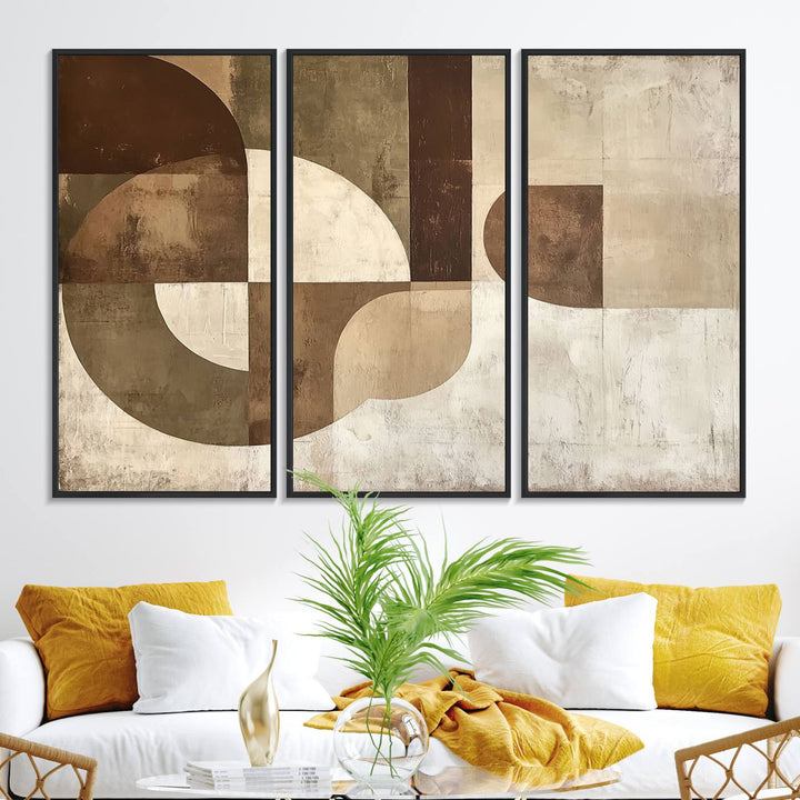 A Wabi Sabi Geometric Minimalist Wall Art Canvas Print—with a modern abstract geometric design in brown and beige tones—stands proudly in front of a house.