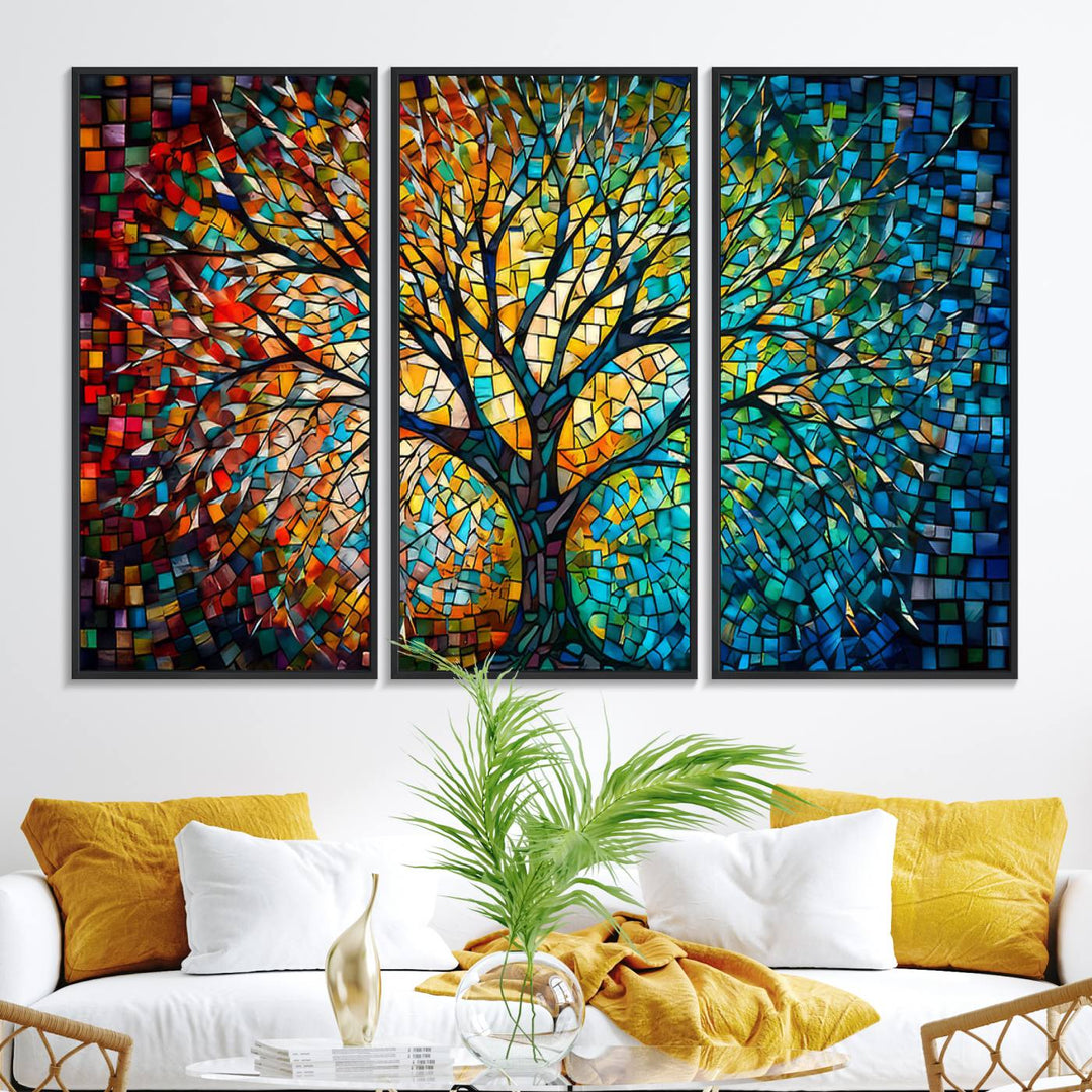 Explore the Yggdrasil Tree of Life Wall Art Print, a 3-panel canvas print made in the USA, featuring a vibrant multicolor mosaic design.