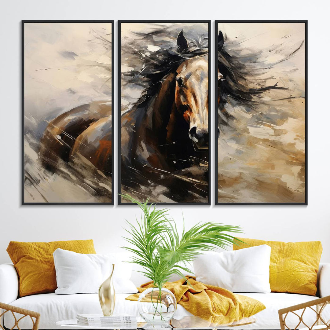 The Abstract Wall Art Horse Print adds rustic charm.