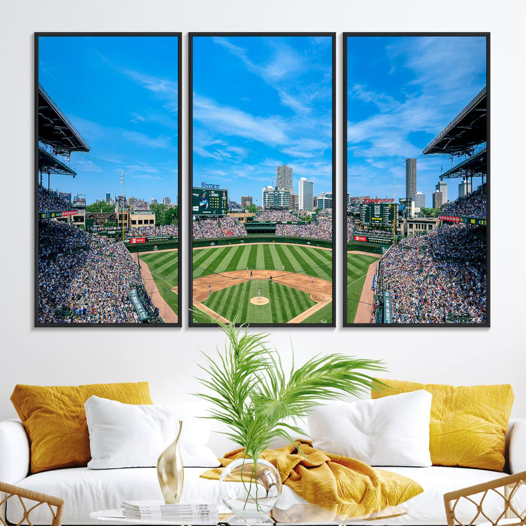 The Wrigley Field Chicago Cubs canvas art, depicting the iconic stadium, is perfect for sports lovers.