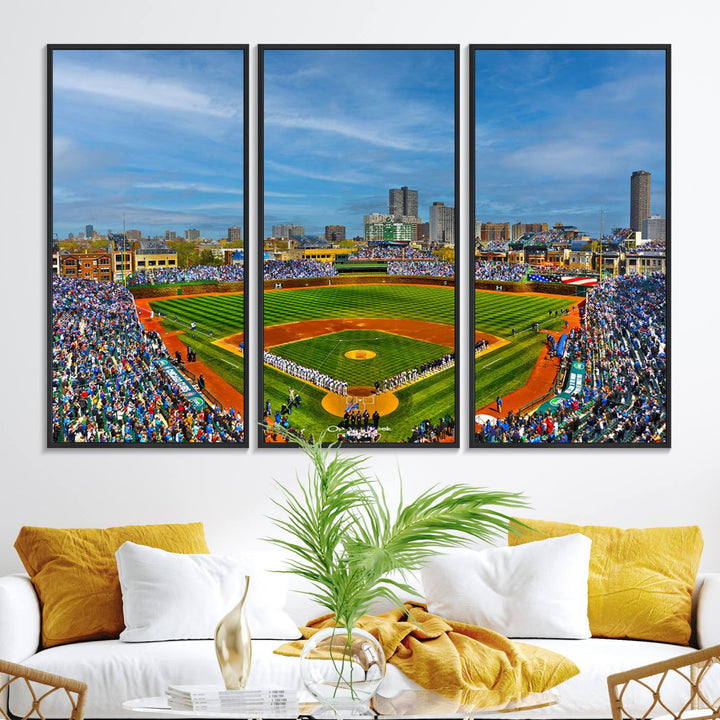 The Wrigley Field Cubs Panoramic Canvas Art hangs prominently in the modern living room.