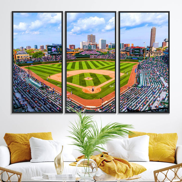 A 3-piece panoramic canvas wall art showcases an aerial view of a packed Chicago Cubs game at Wrigley Field, perfect for sports lovers.