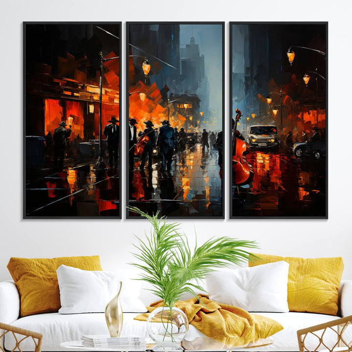 Framed Abstract Music Canvas: Jazz musicians on a rainy city street at night, with warm lights reflecting on wet pavement.