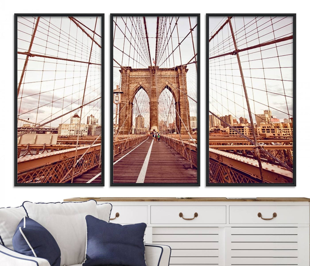 The three-panel "Wall Art New York Manhattan Cityscape Canvas Print" of the Brooklyn Bridge makes an ideal addition to minimalist interiors, capturing the essence of abstract expressionism.