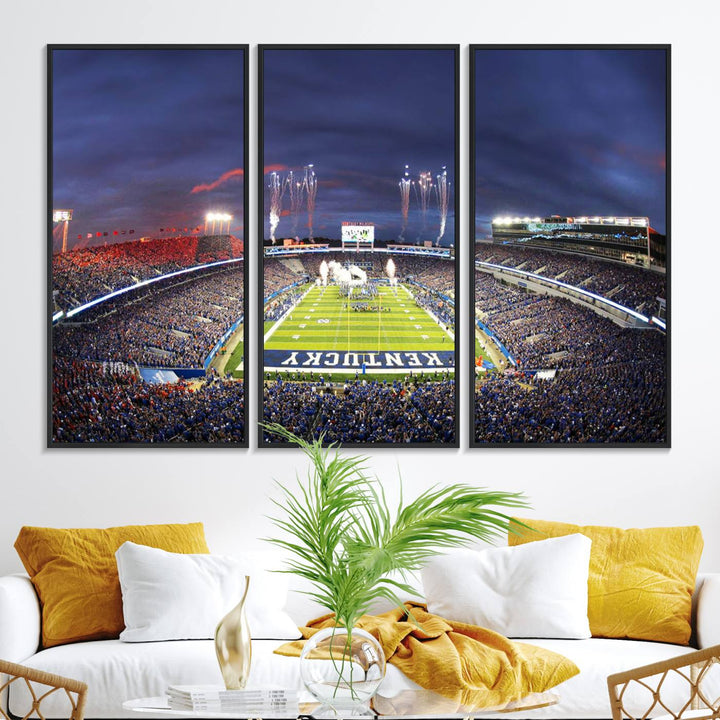 A filled stadium at dusk and fireworks overhead are beautifully captured in the Kroger Field Canvas Wall Art - Sunset Football Stadium Decor.