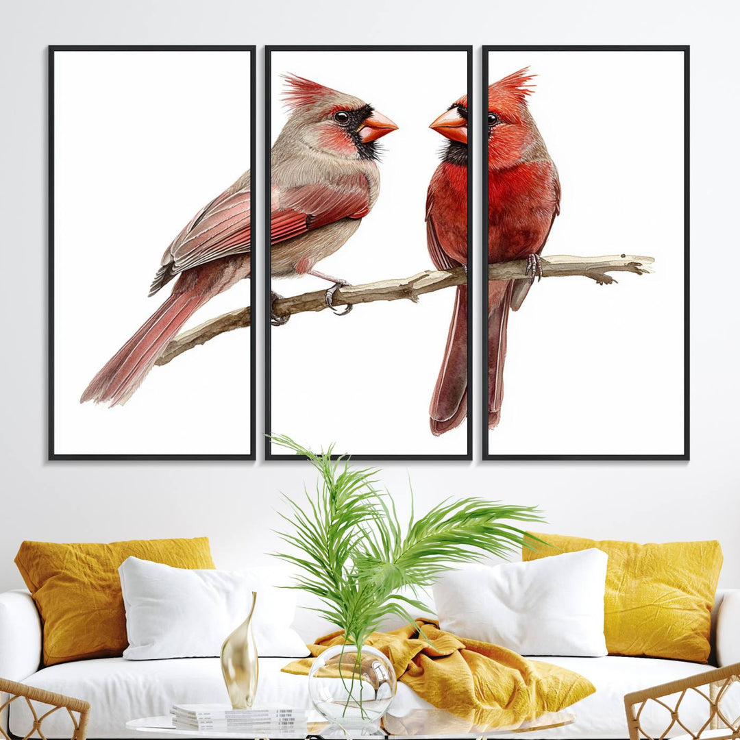 The Cardinal Bird Canvas Wall Art showcases two cardinals on a branch.