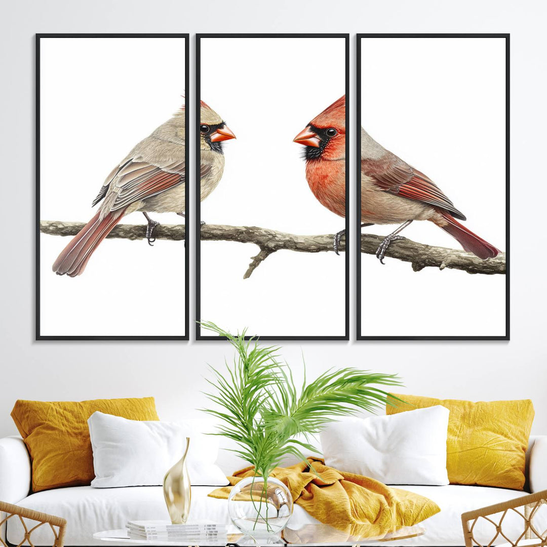 A Cardinal Canvas Wall Art print of cardinals on a branch hangs prominently.