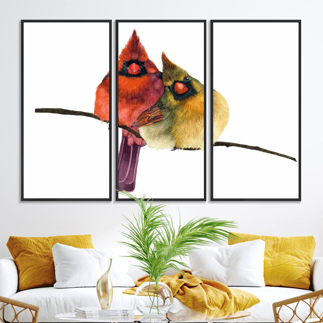 The Cardinal Bird Canvas Wall Art showcases vibrant male and female cardinals, capturing the beauty of nature in vivid detail.