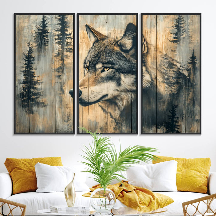 Above the counter is a Wood Style Rustic Wolf Wall Art Canvas Print.