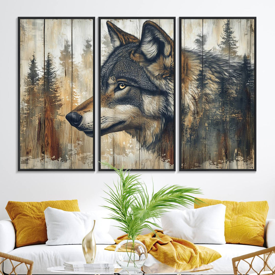 A kitchen dining area features Rustic Wolf Wall Art.