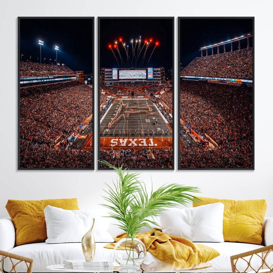 A Texas Memorial Stadium canvas print with fireworks embellishes the modern living room.