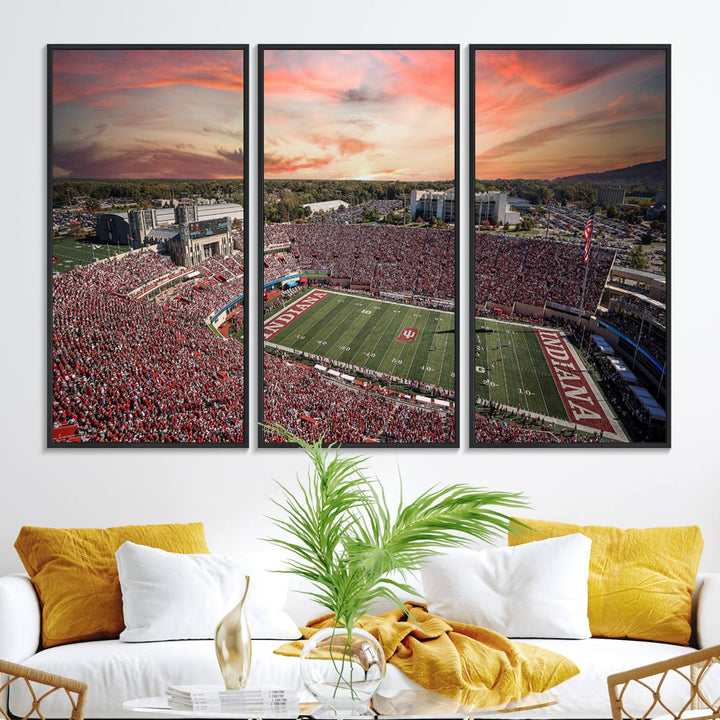 Gallery-quality Indiana Memorial Stadium Wall Art Canvas: A stunning view of the stadium at sunset.