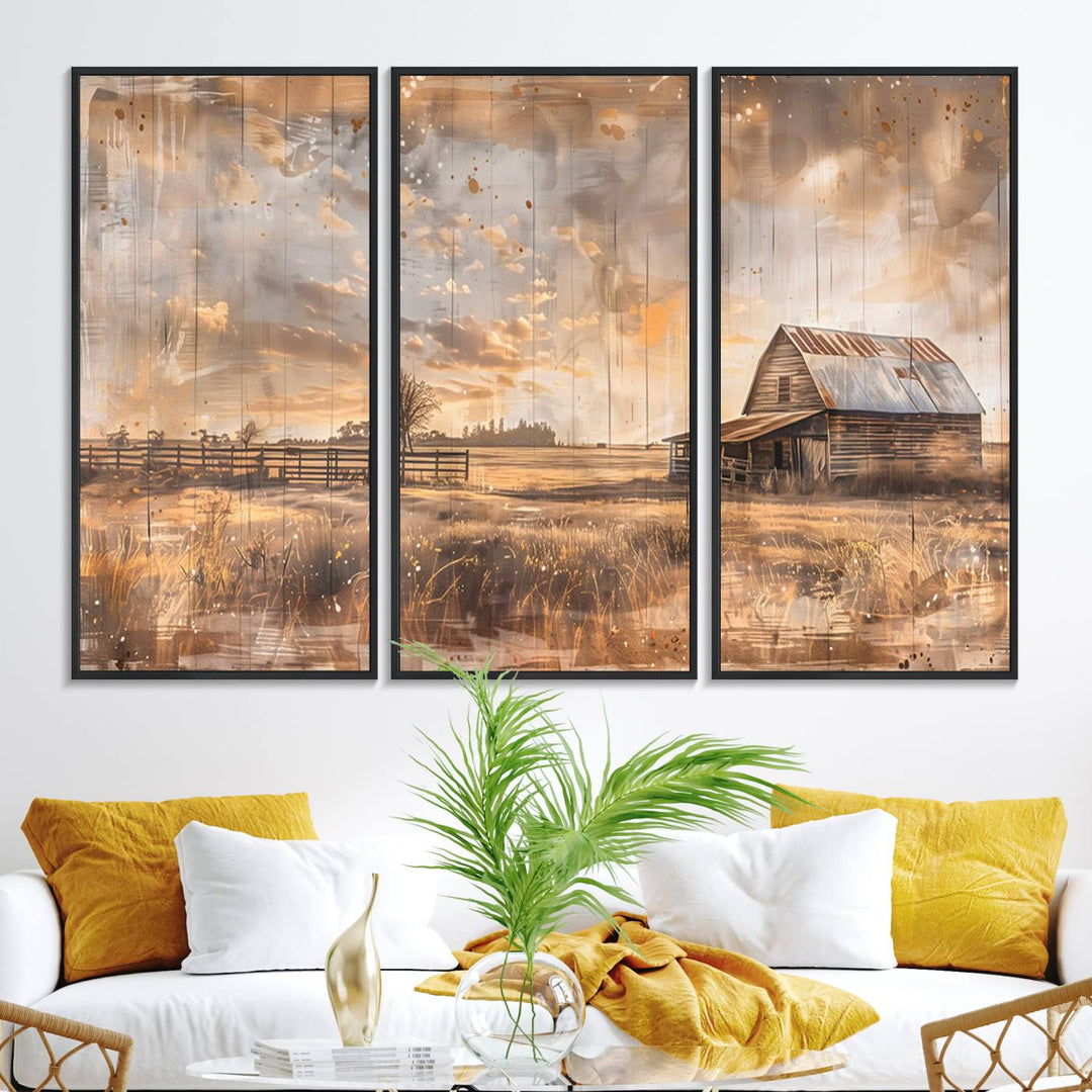 Rustic Farmhouse Wall Art Canvas depicting a barn under a cloudy sky.