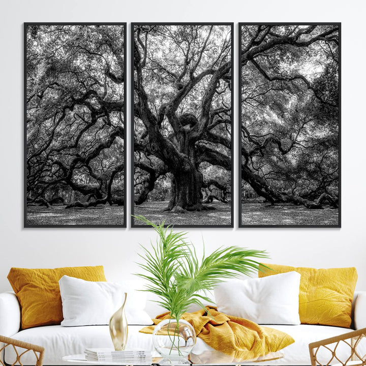 The Black and White Old Angel Oak Tree Canvas Print enhances the modern dining room.