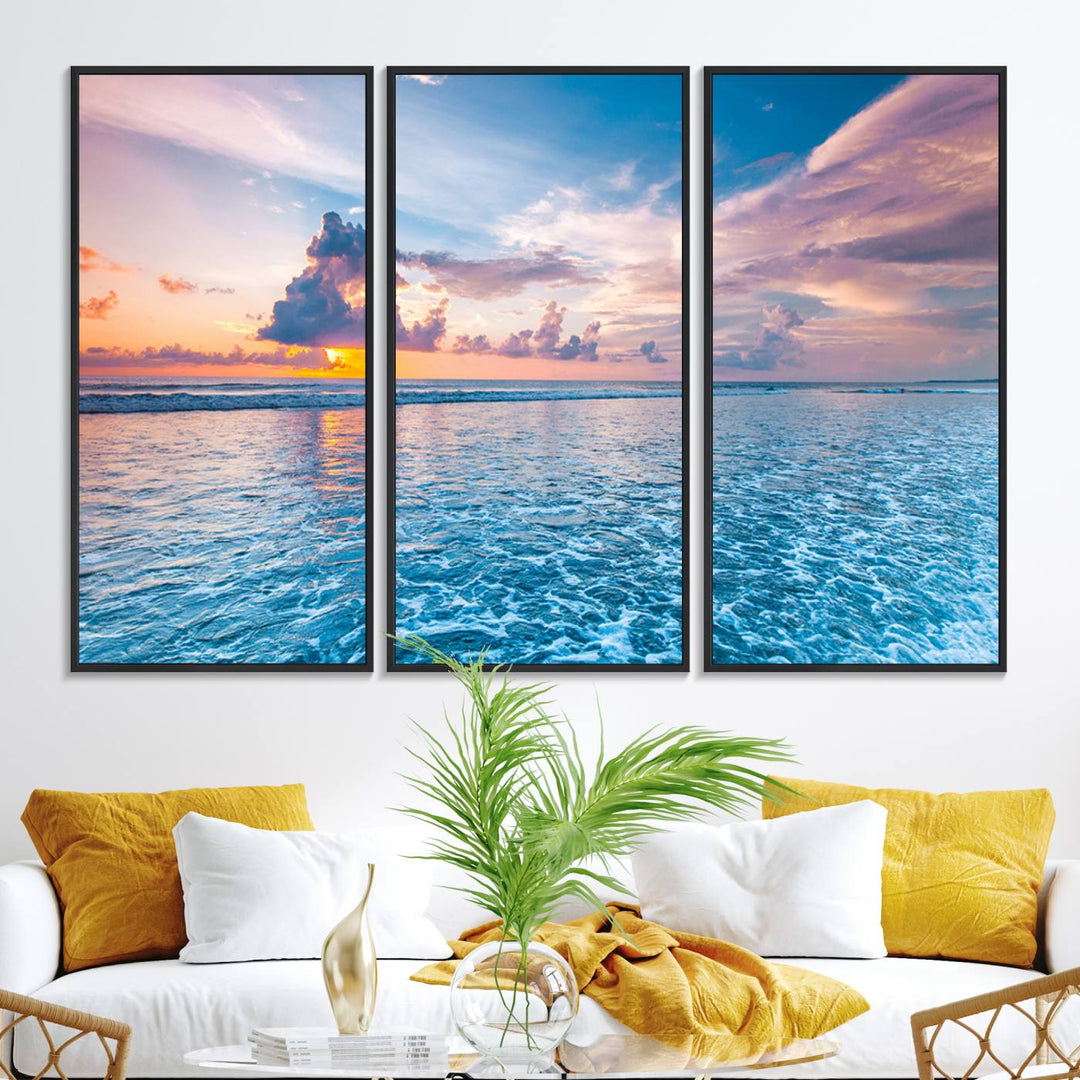 An Ocean Sunset Canvas Wall Art depicting a vibrant sky and rolling waves.