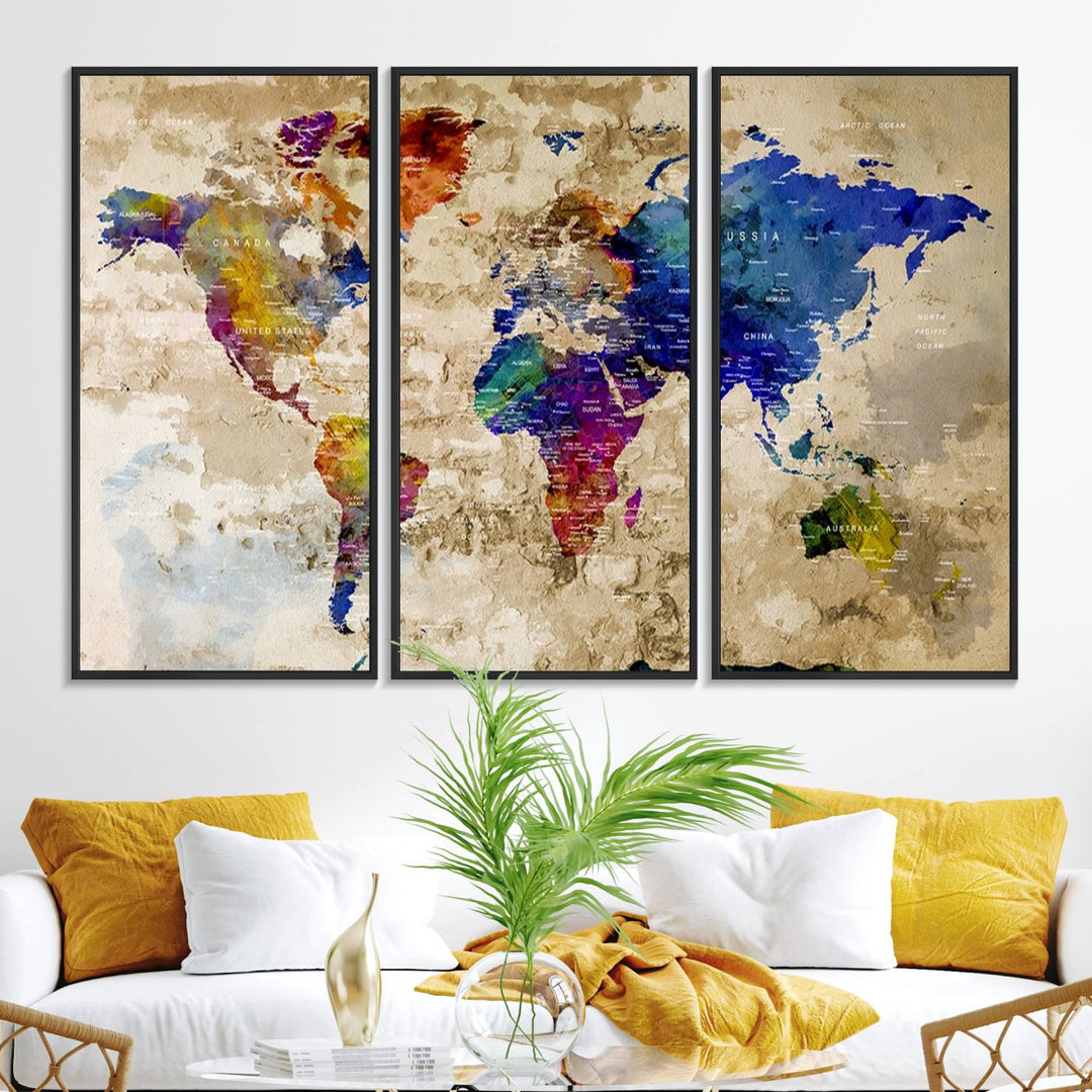 Watercolor World Map Canvas Print with gallery-wrapped edges.