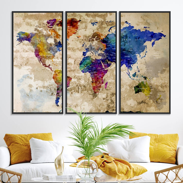 Watercolor World Map Canvas Print with gallery-wrapped edges.