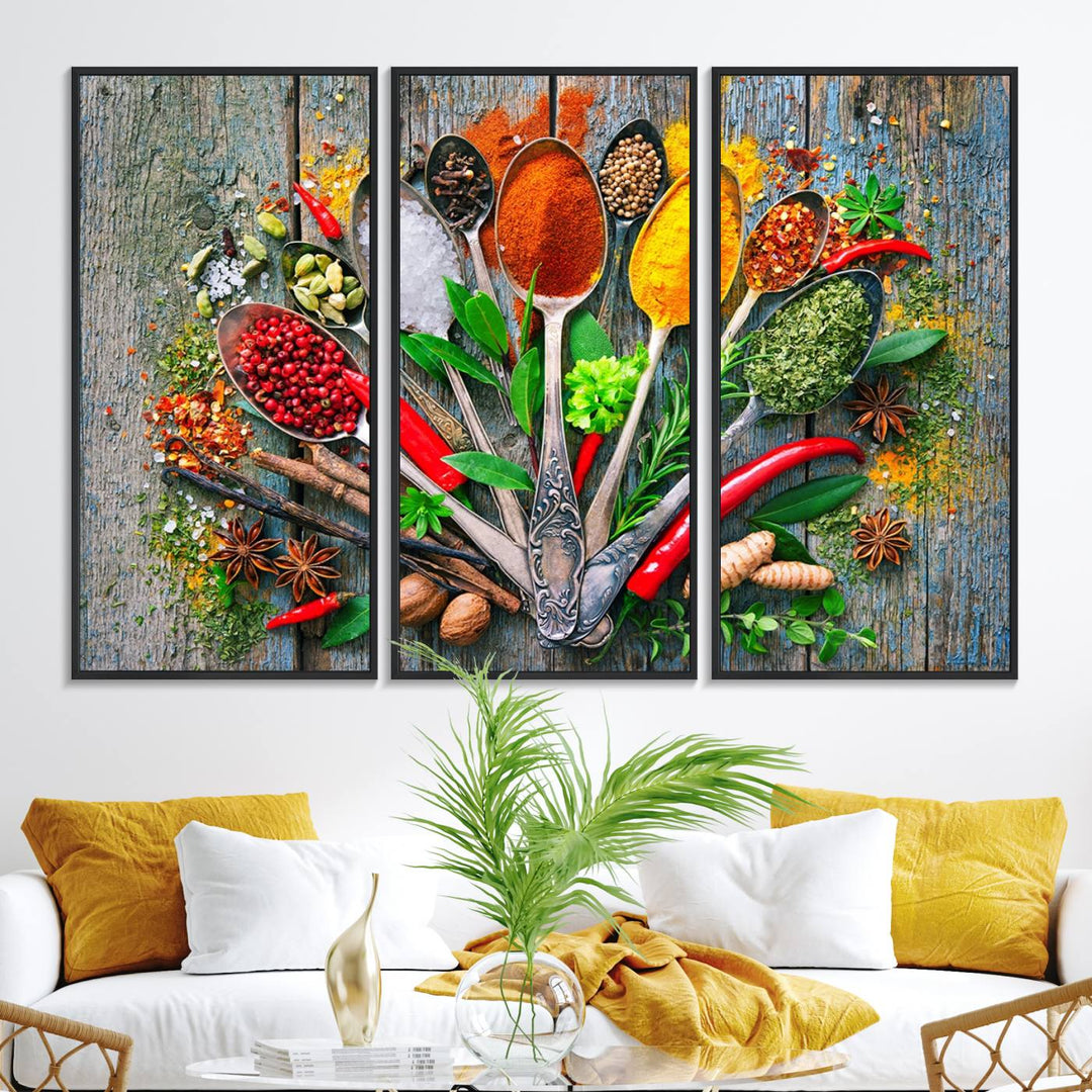 Vibrant Spoonful of Spices kitchen wall art canvas, a culinary triptych ideal for any dining room decor.