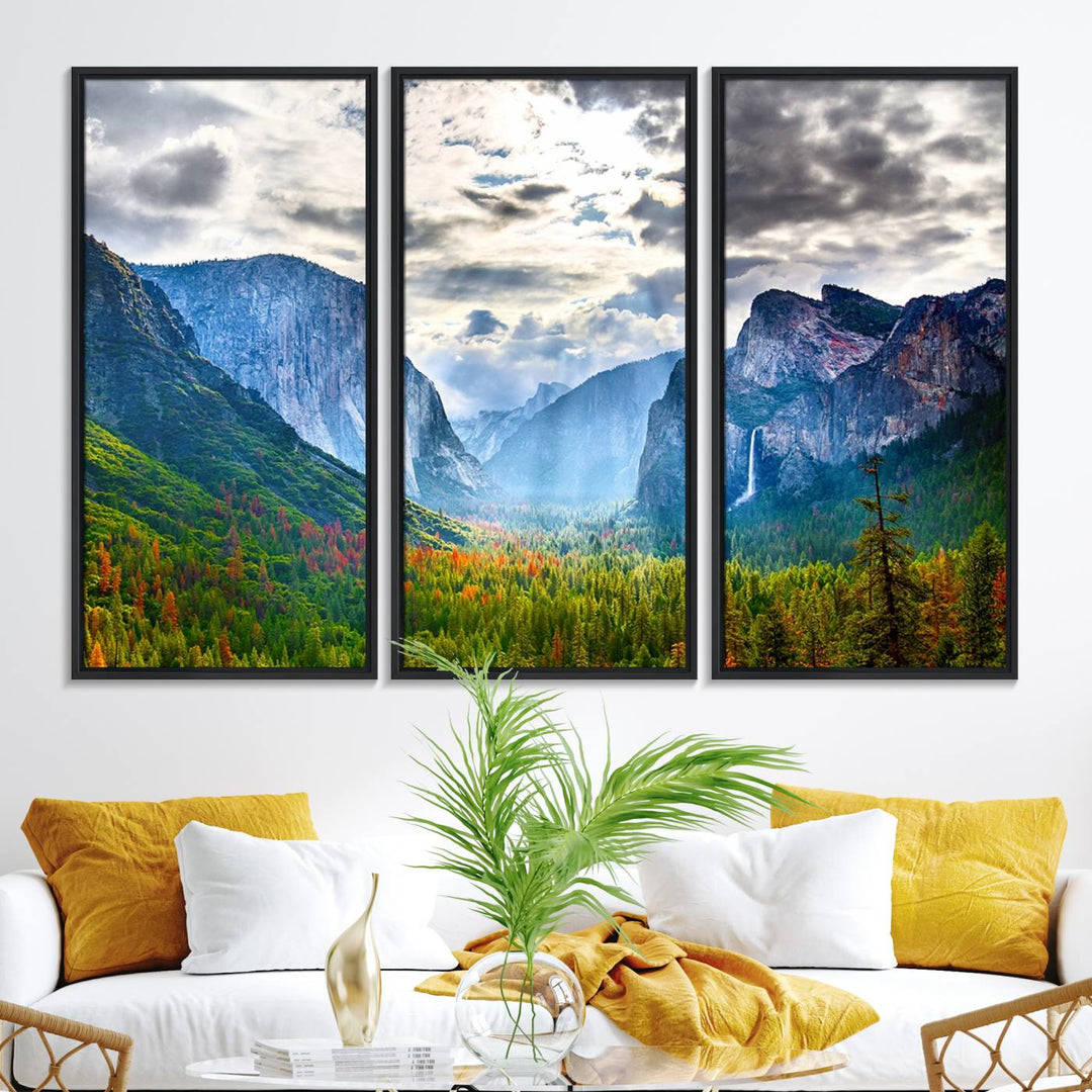 The Yosemite Park Half Dome 3 Panel Canvas Print beautifully captures the enchanting beauty of national parks with its vibrant mountain and forest scene. This large giclée landscape wall art is perfect for living rooms, offices, or bedrooms and comes ready to hang.