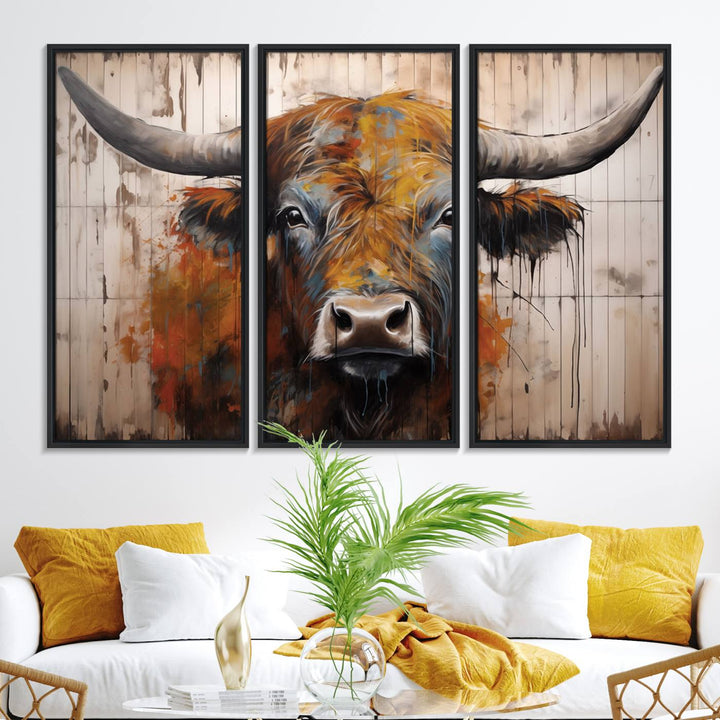 Scottish Highland Cow Cattle Art Print on Wood Style Background