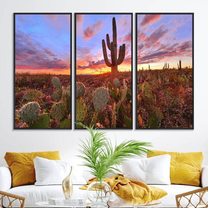 The Arizona Desert Sunset Wall Art Canvas Print featuring cacti is displayed.