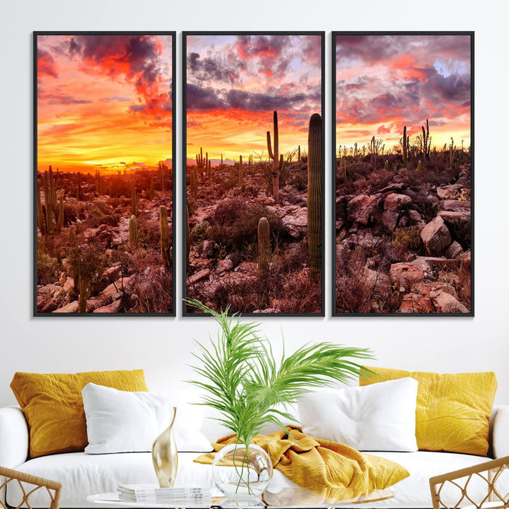 A vibrant desert sunset with cacti, perfect Western Cowboy Wall Art Print.