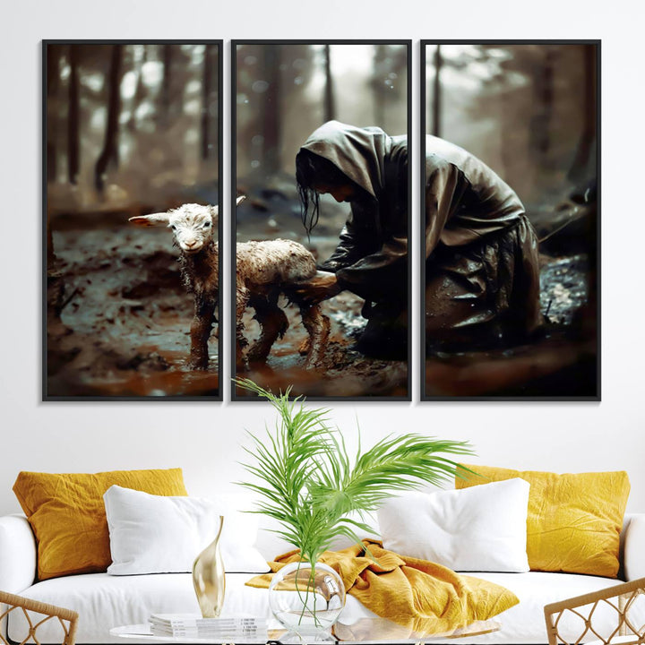 Jesus Lost Lamb Wall Art: A cloaked figure tends a lamb in a muddy forest.