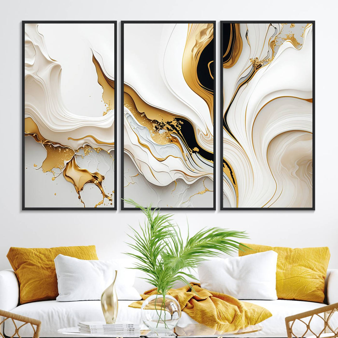 Modern interiors showcase Gold Waves on Pure White Canvas.