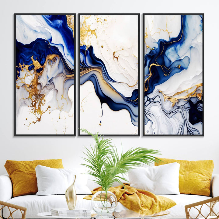 Golden Cascades on Midnight Blue wall art swirls above, featuring gold and white accents.