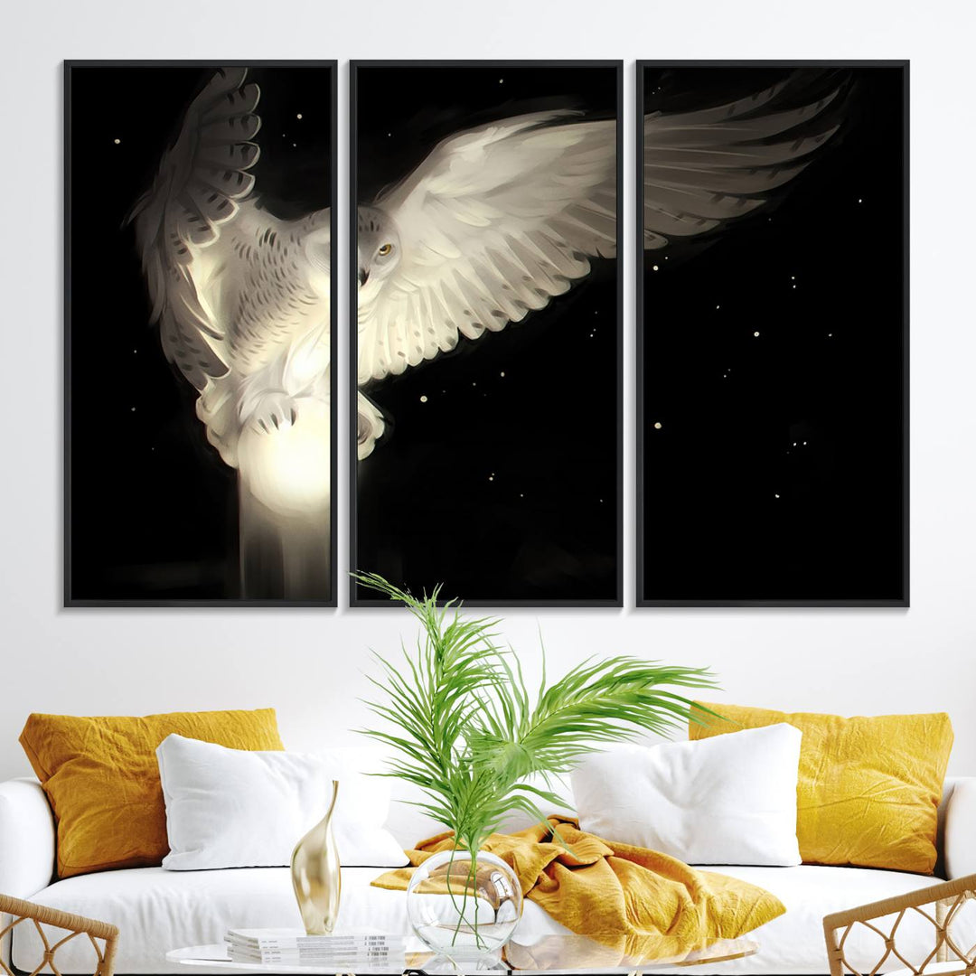 The Night Owl Art graces the wall with its depiction of a snowy owl on a glowing orb, perfect for modern decor.