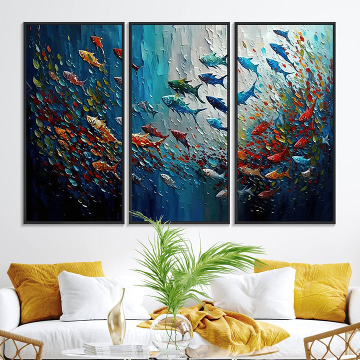 Modern Abstract Fish Shoal Wall Art features blue, red, and orange fish.