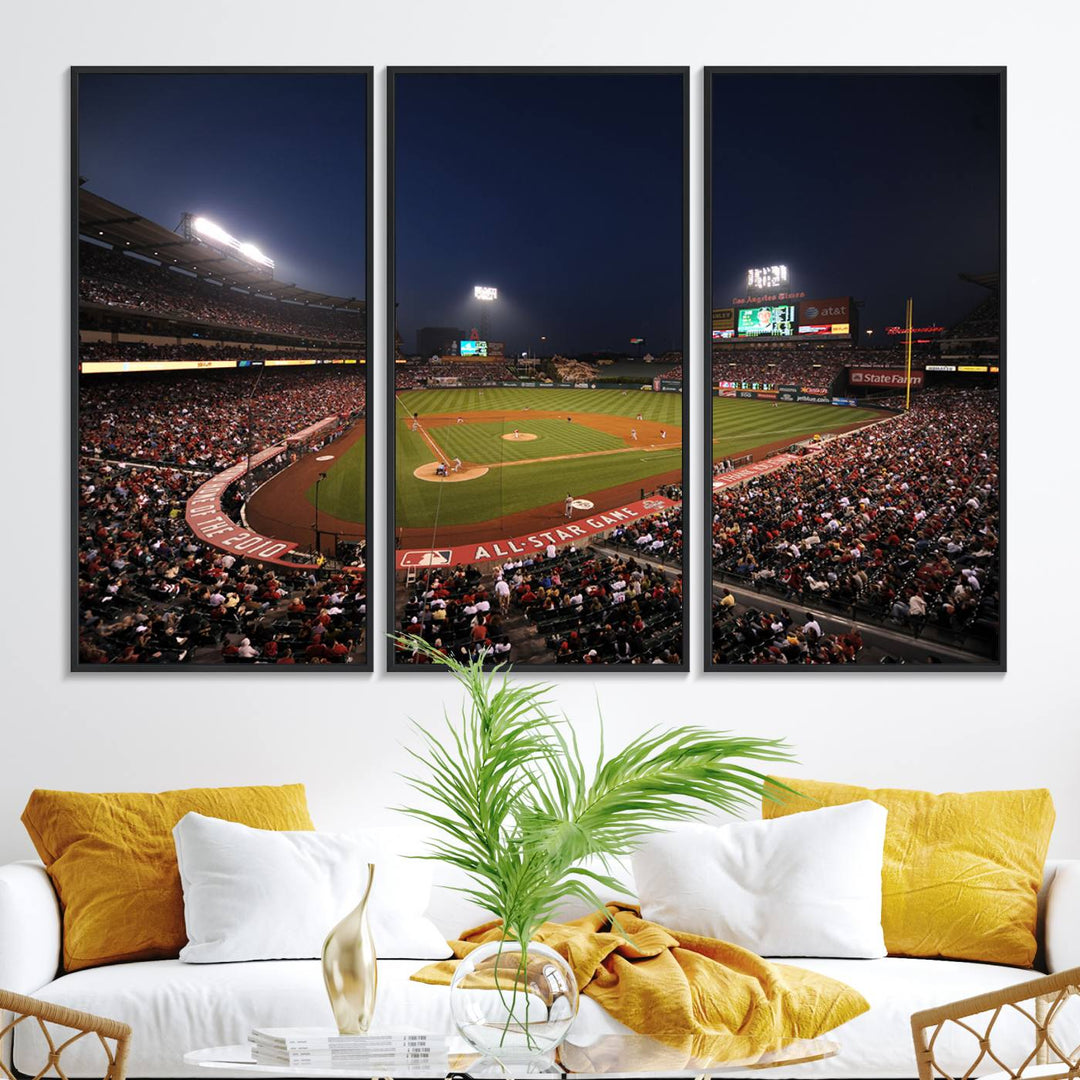 Aerial view of an LA Angels game at night, captured as stunning wall art on premium canvas, handmade in the USA.