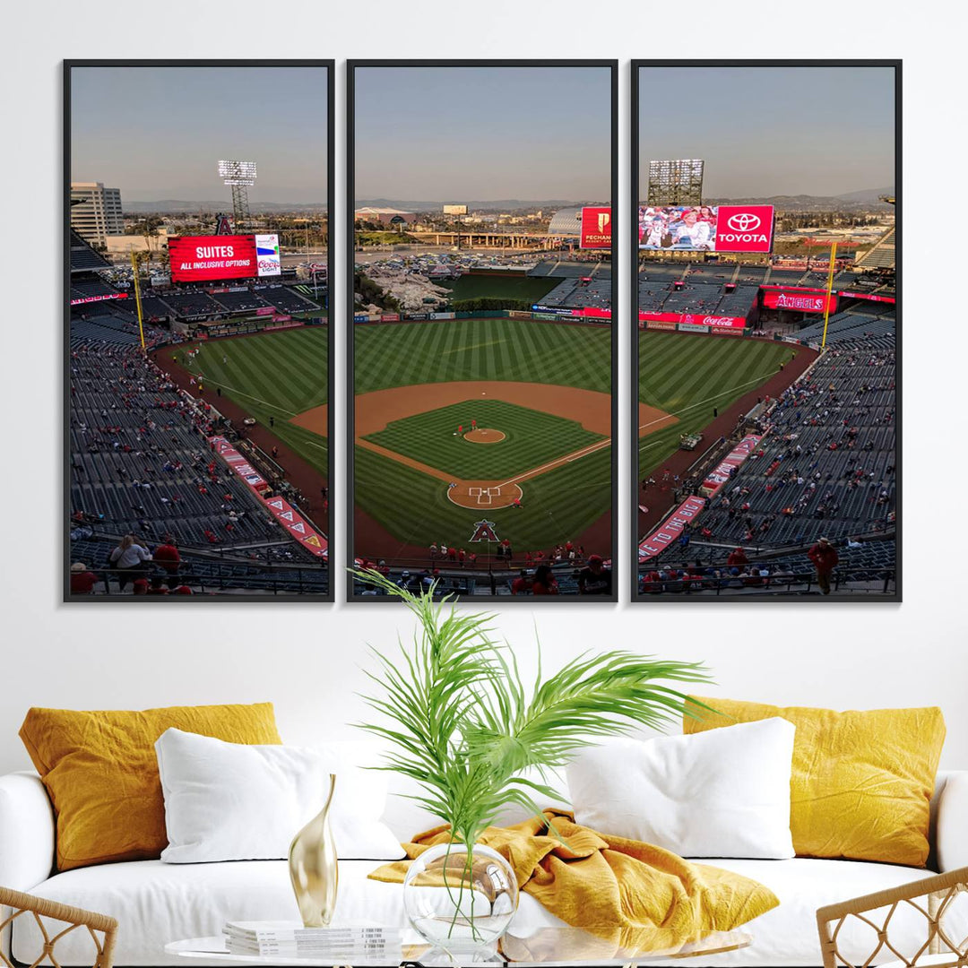 Aerial view of Angel Stadium, perfect as gallery-quality wall art - Los Angeles Angels Canvas Print.