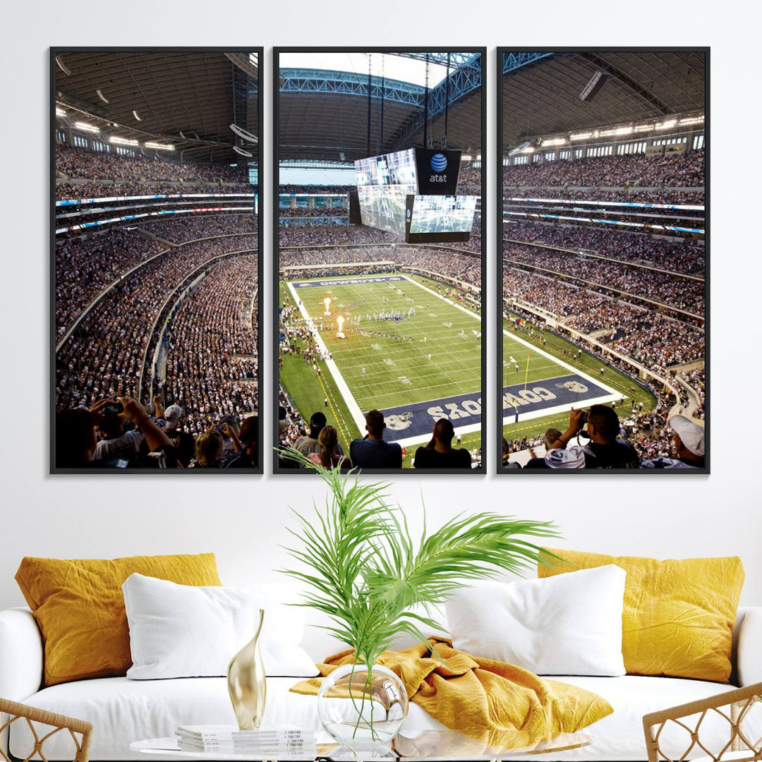 The wall art is a Dallas Cowboys AT&T Stadium Canvas Print, showcasing the iconic logo.