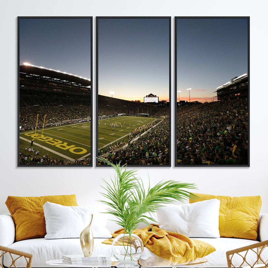 Canvas artwork depicting an Oregon Ducks football game at Autzen Stadium, capturing a sunset and packed stands.