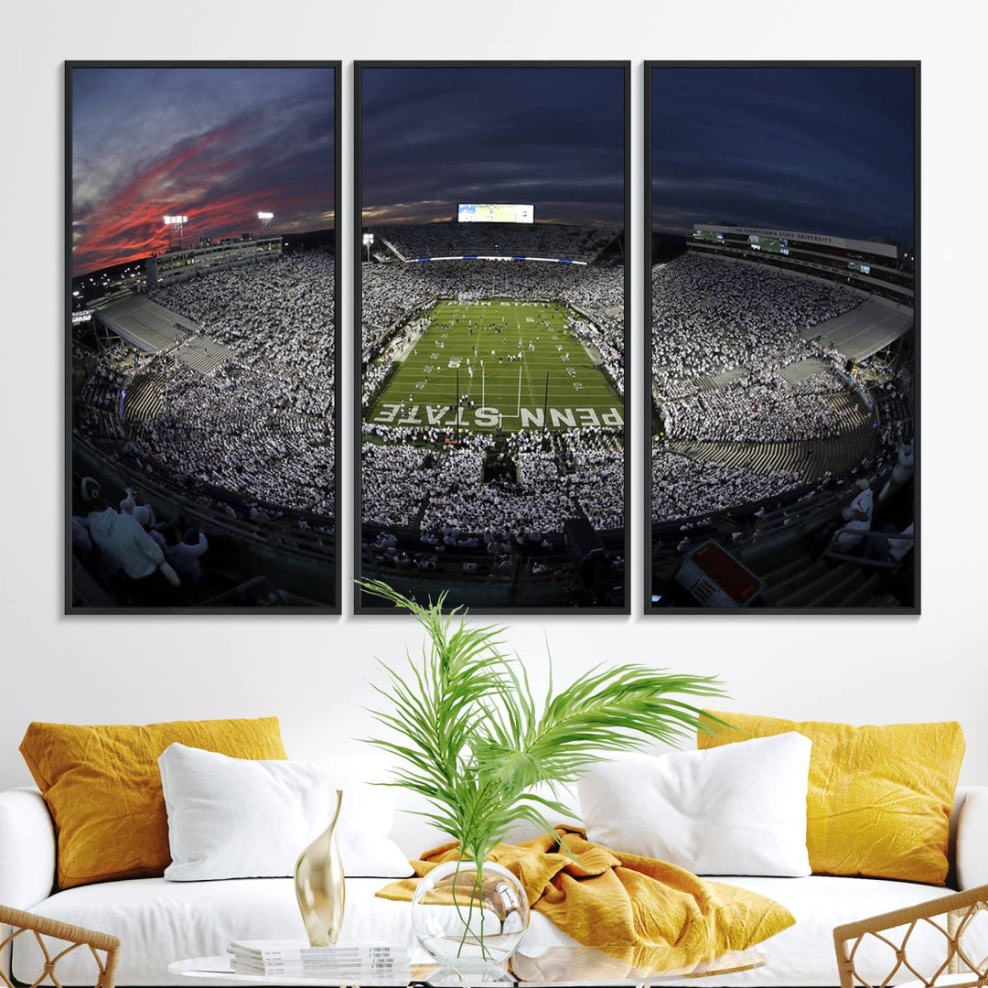 Canvas art capturing the packed Beaver Stadium at dusk, with Penn State emblazoned on the field and a sea of white-clad fans—true perfection.