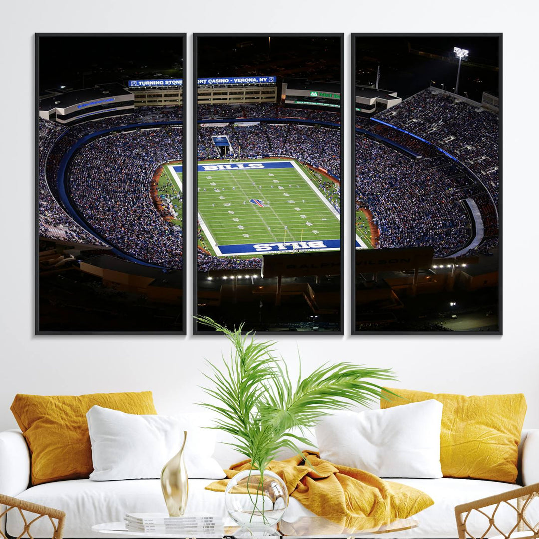 Aerial view of football stadium at night, featuring Buffalo Bills Highmark Stadium Wall Art.