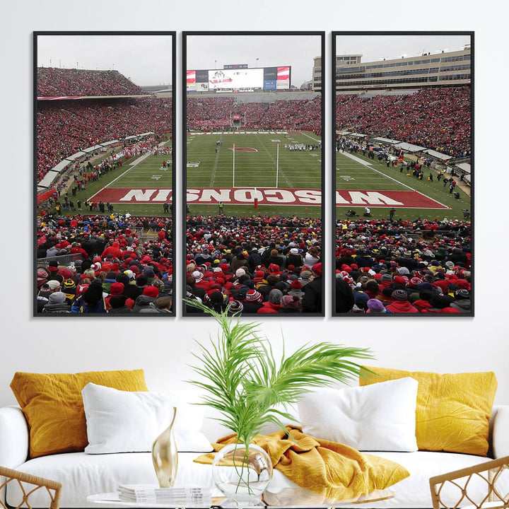 The wall art depicts WISCONSIN in red and white, similar to Wisconsin Badgers Football Canvas Art.