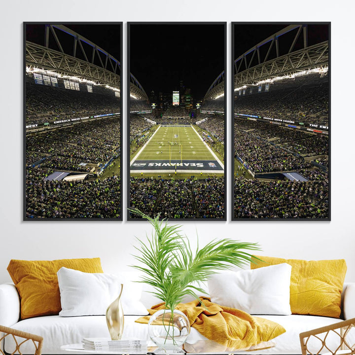 Handmade Seattle Seahawks Stadium Canvas Wall Art Print featuring an aerial view of Night football at CenturyLink Field marked Seahawks.