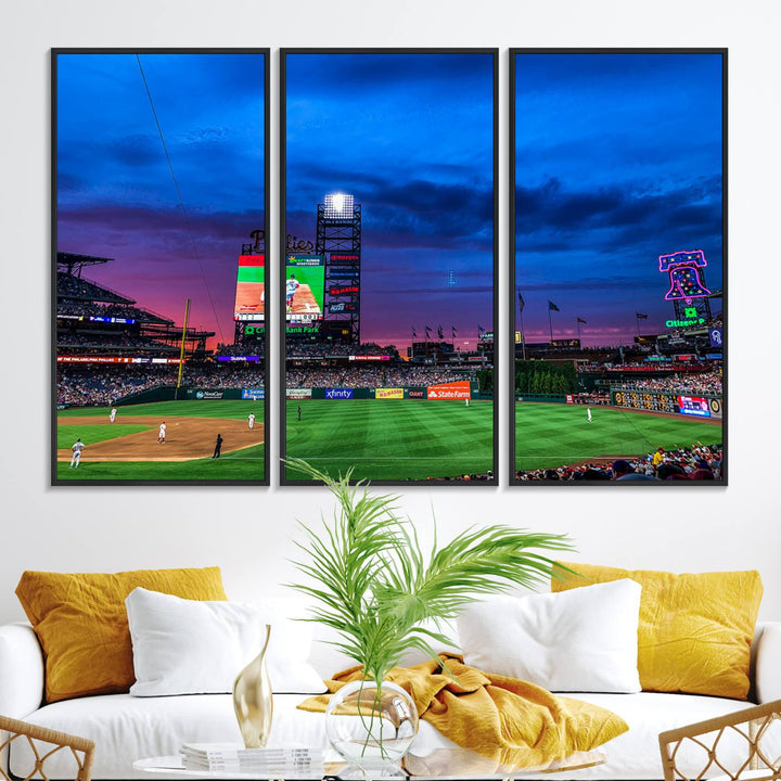 The Phillies canvas print captures a stunning sunset, vibrant signage, and players on the field.