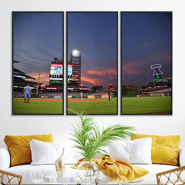 Philadelphia Phillies at sunset: Citizens Bank Park captured in a charming canvas wall art print.