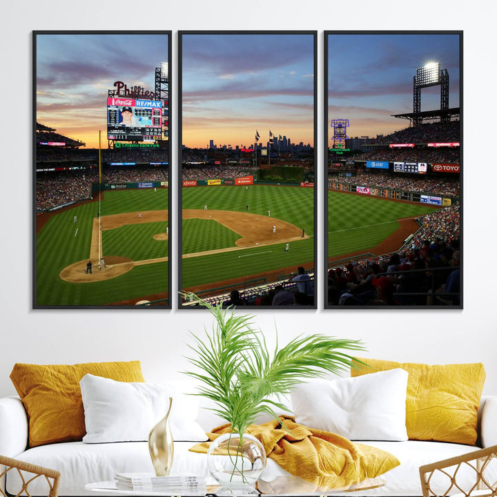 A sunset game at Citizens Bank Park depicted on a 3-panel Phillies canvas.