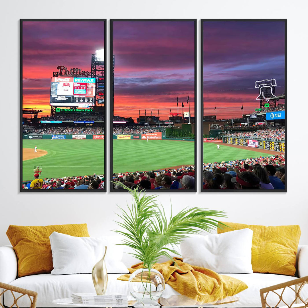 The Philadelphia Phillies canvas print showcases Citizens Bank Park at sunset with a crowd and scoreboard.