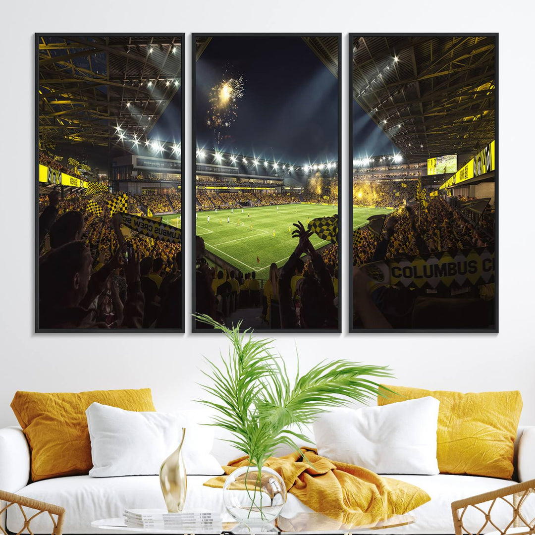 The wall art canvas print captures a packed soccer stadium scene with fans and fireworks.