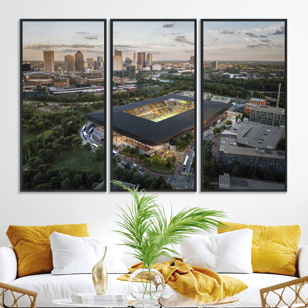 The Columbus Crew Soccer Stadium canvas art adds a vibrant touch to the room.