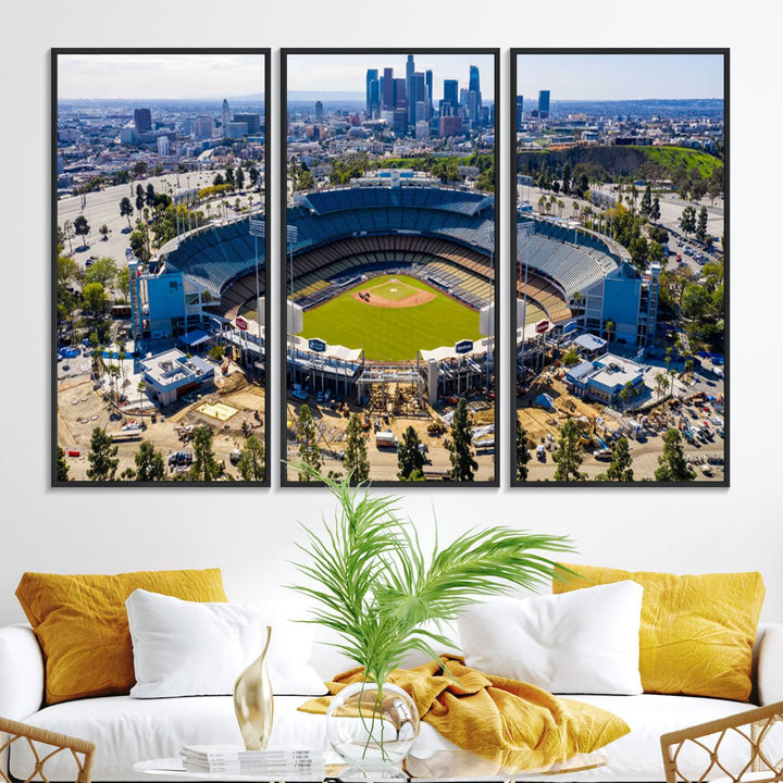 Aerial view of Dodger Stadium city skyline on a premium Los Angeles Dodgers MLB canvas print.