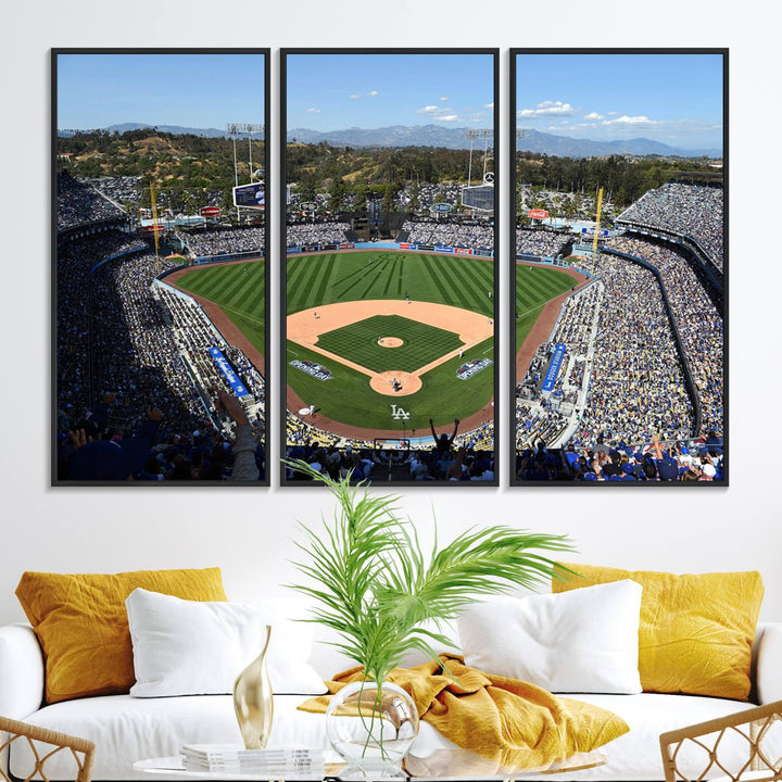 Aerial view of Dodger Stadium captured in gallery-quality on a Dodgers wall art canvas.